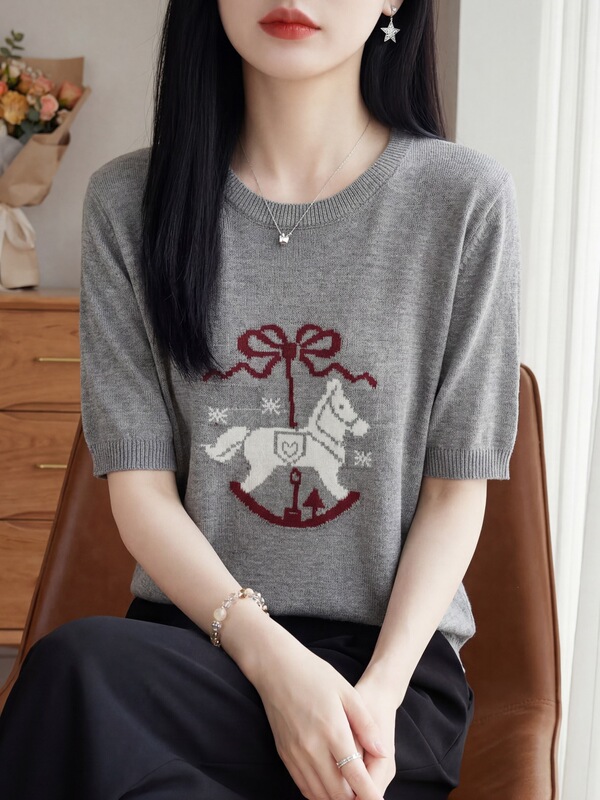 Popular Item~ Ultra-Fine Worsted Wool Knit Short-Sleeve Women's Round-Neck Carousel Horse Embroidered T-Shirt Half-Sleeve Base Shirt Popular Item~ Ultra-Fine Worsted Wool Knit Short-Sleeve Women's Round-Neck Carousel Horse Embroidered T-Shirt Half-Sleeve Base Shirt
