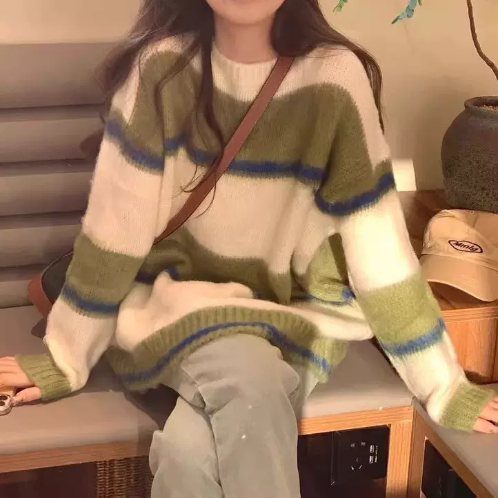 条纹毛衣女秋冬2025新款宽松慵懒风韩系温柔风软糯奶系穿搭针织衫