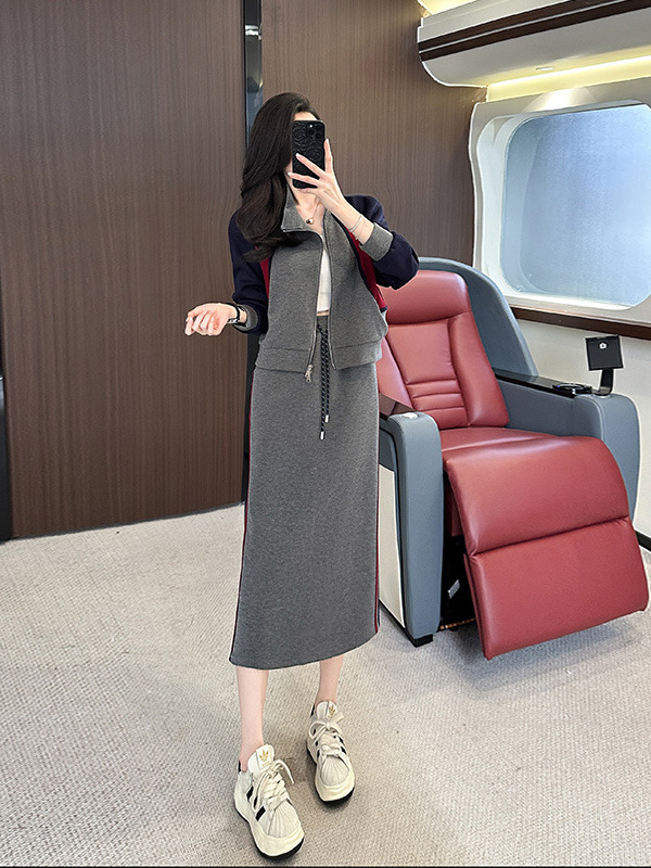in stock dress slimming autumn suit high-end knitted design contr