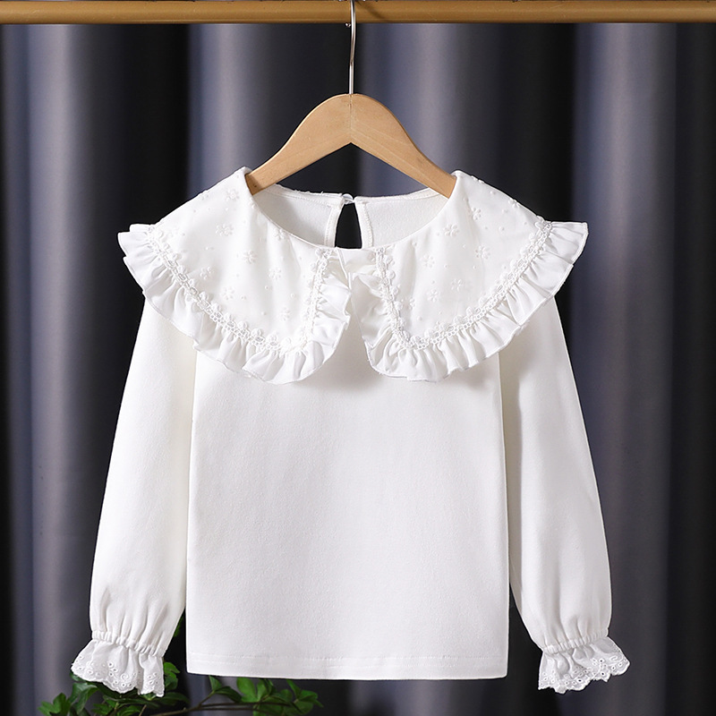 High-End Girls' Spring Long-Sleeve Pure Cotton Top with Lace Doll Collar, Stylish T-Shirt for Children, Fashionable Girl's Clothing 7