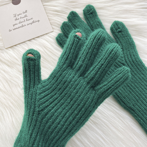 Klein blue woolen knitted solid color Korean gloves with labeling, split fingers, exposed fingers, touch screen, finished for autumn and winter to keep warm