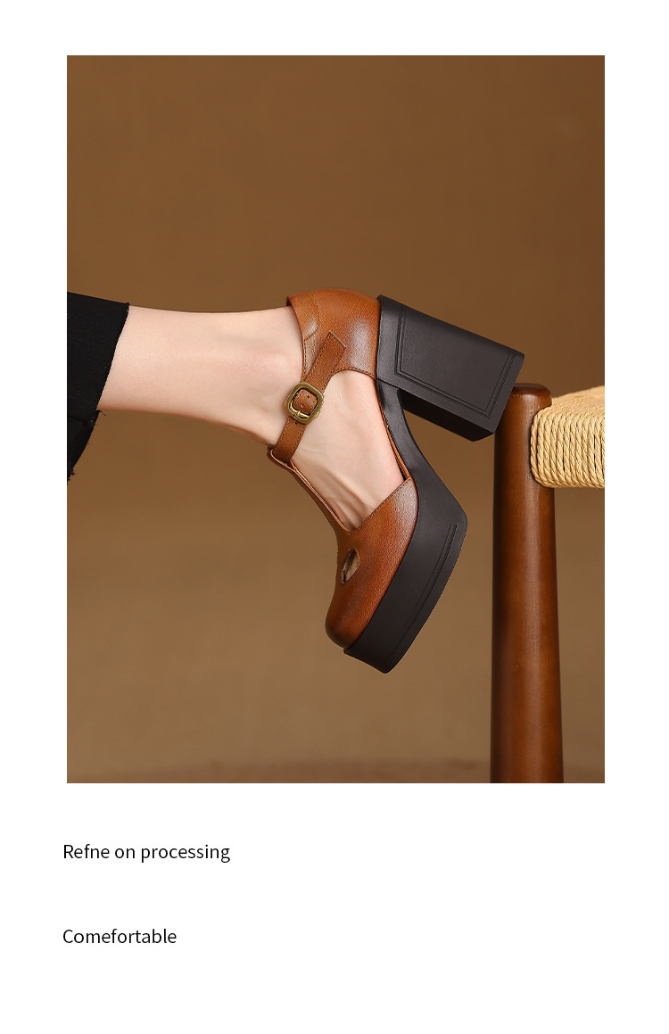 Sandal nữ đế xuồng platform gót vuông phong cách vintage khóa kim loại — màu nâu, màu đen chi tiết 10