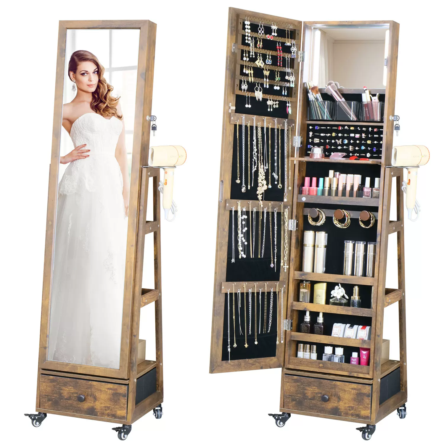 厂家批发镜子全身落地镜家用ins风全身镜可移动穿衣镜首饰收纳镜