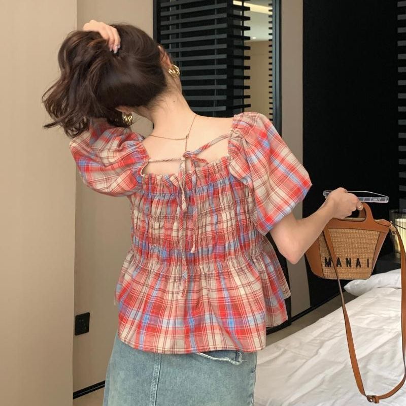 plus size chubby girl Plaid Waist Shirt Short-sleeved Women's Summer Korean-style Design Puff Sleeve Shirt Short Top for Women