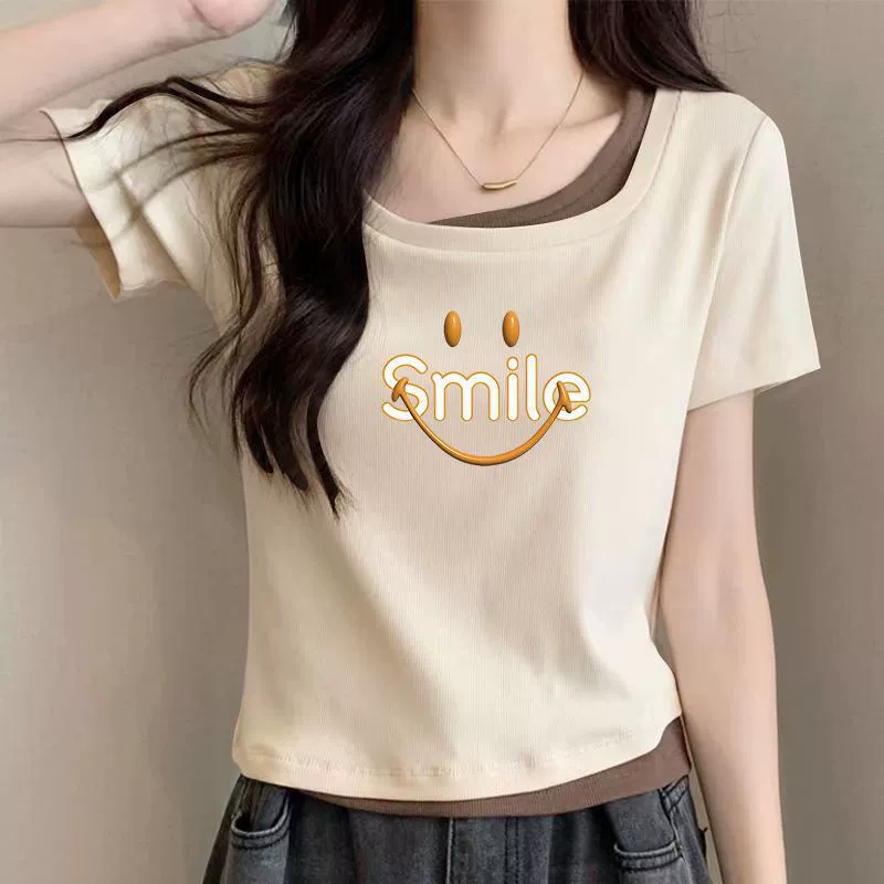Женская летняя футболка с короткими рукавами и U-образным вырезом из двух частей, модный утягивающий топ с коротким принтом смайлика в корейском стиле
