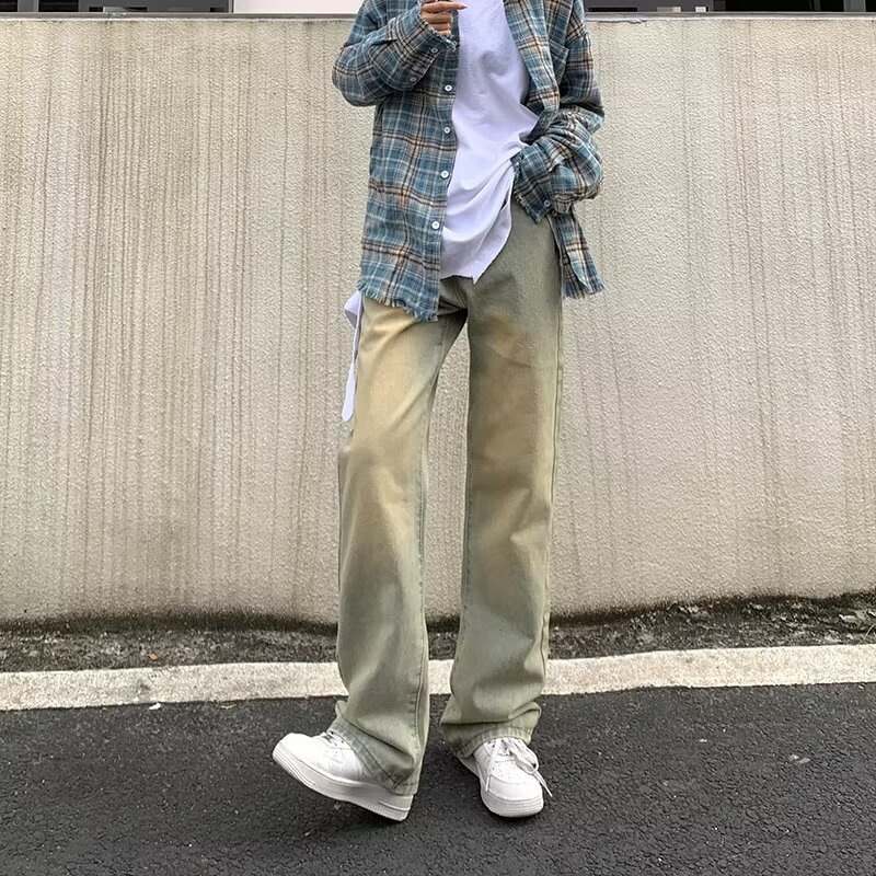 Lazy American retro yellow mud dyed jeans men's autumn Weila High Street straight youth loose casual pants Lazy American retro yellow mud dyed jeans men's autumn Weila High Street straight youth loose casual pants