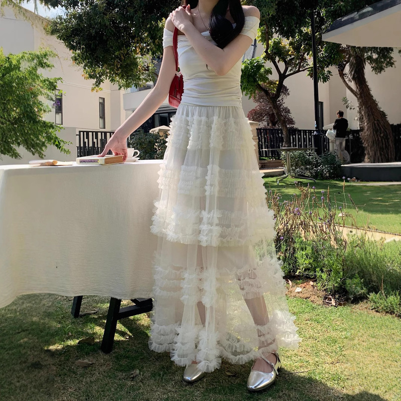 Spring and Summer Mesh Skirt Japanese New Style Skirt Women's White Mesh A- Line Skirt Three-Layer Handmade Stitching Long Skirt