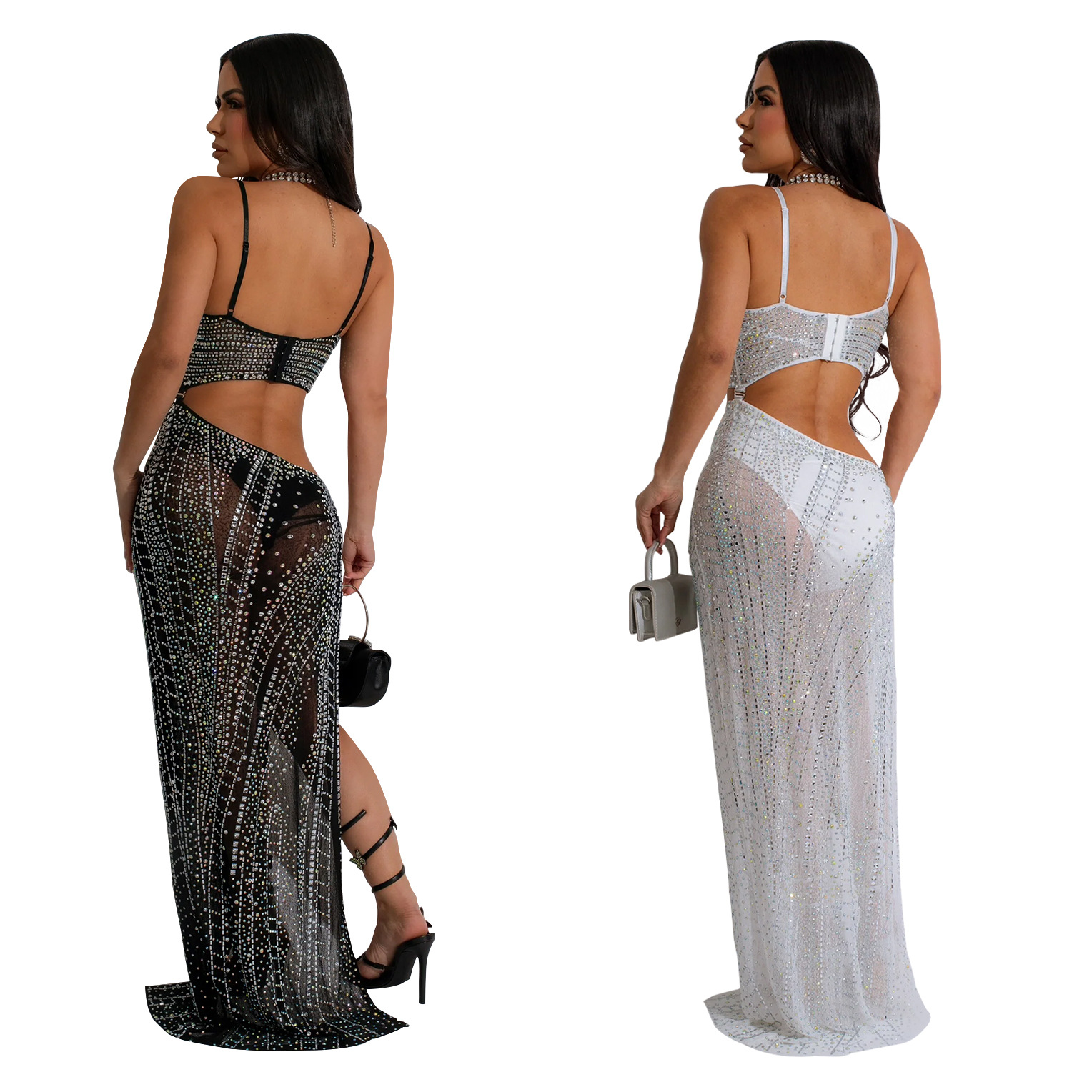 C6949 Cross-border AliExpress Estación independiente de Amazon Moda europea y americana Moda femenina Vestido transparente de diamantes calientes Largo image 6