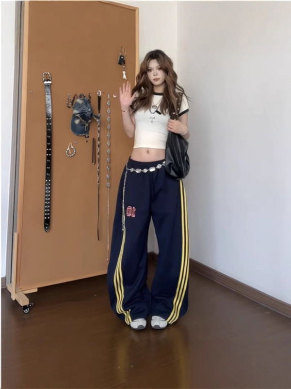 美式复古三条杠运动裤女2025新款宽松高腰阔腿裤垂感拖地休闲裤子|undefined
