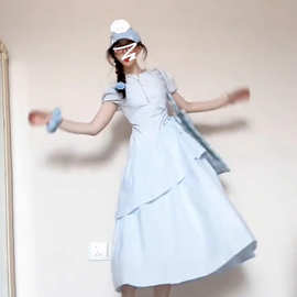 霍里德地图梨形天菜蓝夏季裙子女中长款短袖抽绳蛋糕连衣裙