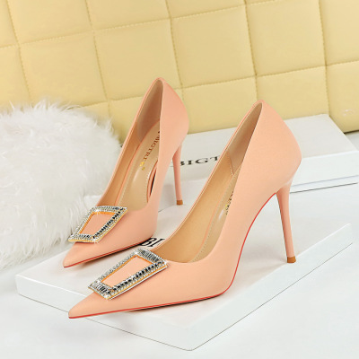 3265-K8 Korean Fashion Banquet High Heel Shoes Thin Heel Shallow Mouth Pointed Metal Buckle Water Diamond Buckle High He