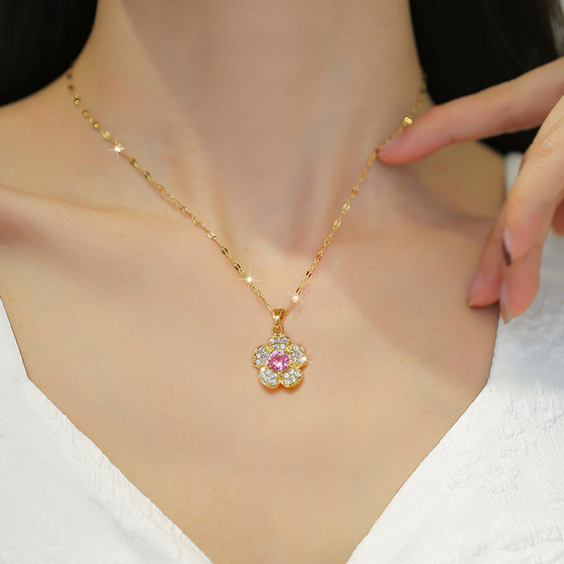 Fashion Flower Stainless Steel Plating Inlay Rhinestones Pendant Necklace 1 Piece