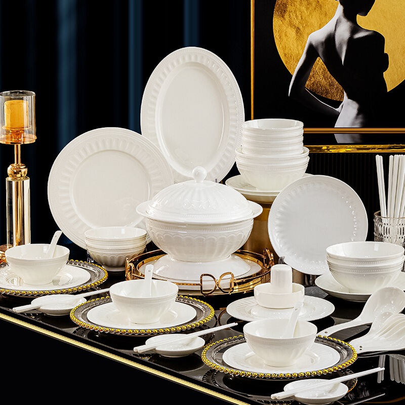 Underglaze color bone china tableware suit household gifts Jingdezhen ceramic pure white dishes and plates combination full set wholesale Underglaze color bone china tableware suit household gifts Jingdezhen ceramic pure white dishes and plates combination full set wholesale