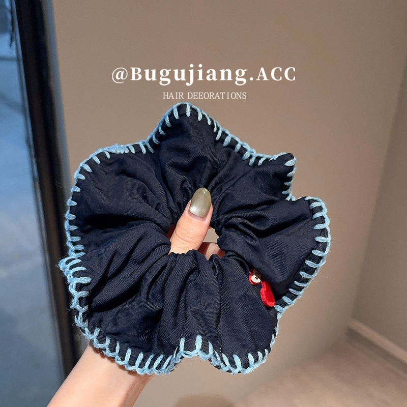 复古牛仔蓝！毛线波浪包边蝴蝶结发圈大肠圈高级感低马尾方巾发绳|undefined