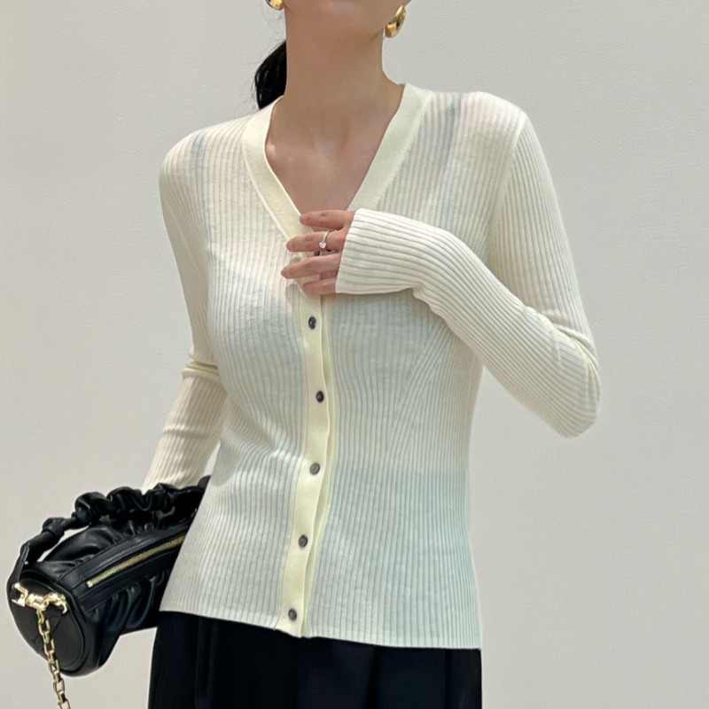 Color matching design two sides needle moving wool blended sweater cardigan v-neck long sleeve slim early autumn women's top