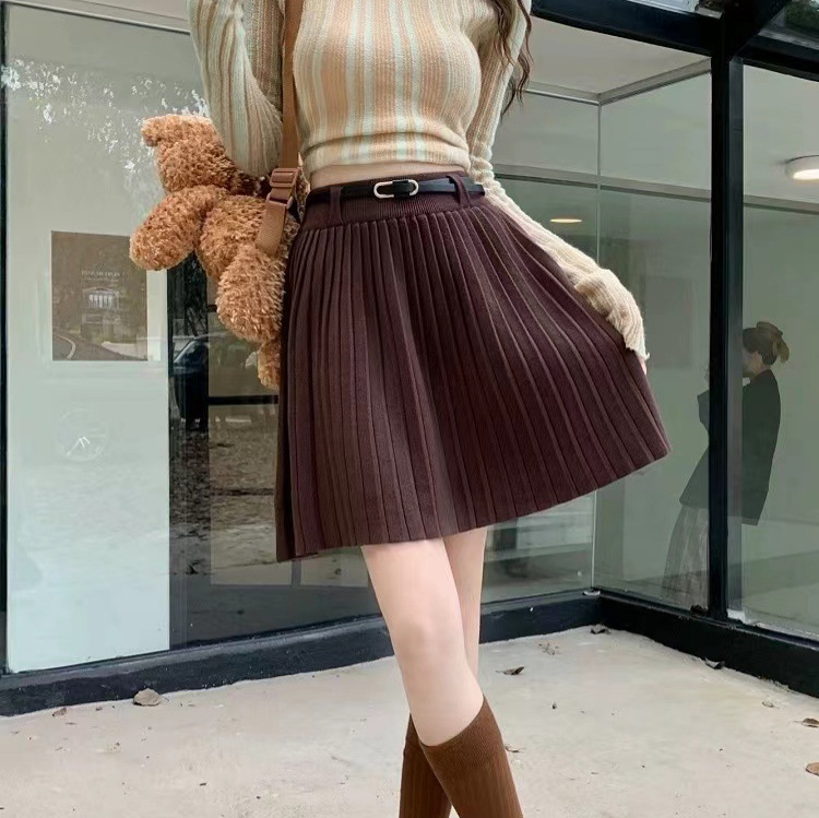 Abbigliamento donna Gonna plissettata vita alta linea a cintura stile gonna elastica sottile gonna corta lavorata a maglia_voghion.com