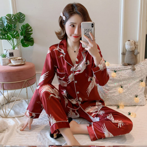  New Year Red Crane Korean Version Internet Celebrity Pajamas Women's Spring and Autumn Ice Silk Cardigan Simulated Silk Home Clothes Two-piece Set