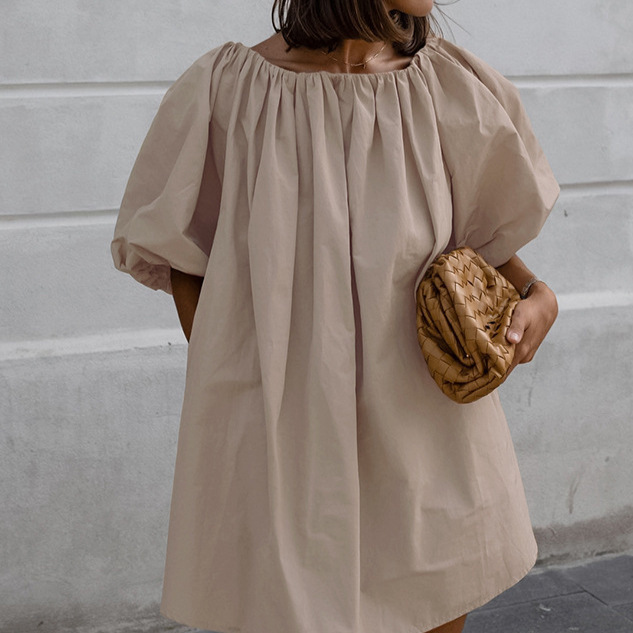 Sexy collar shoulder puff sleeve dress khaki 2024 European and American fashion skirt women cross-border wholesale