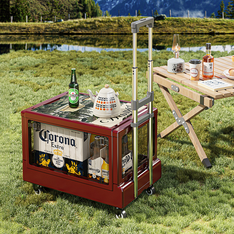 Camping Cart Outdoor Small Cart with Wooden Cover Folding Storage Box Picnic Box with Wheels Portable Trolley for Grocery Shopping