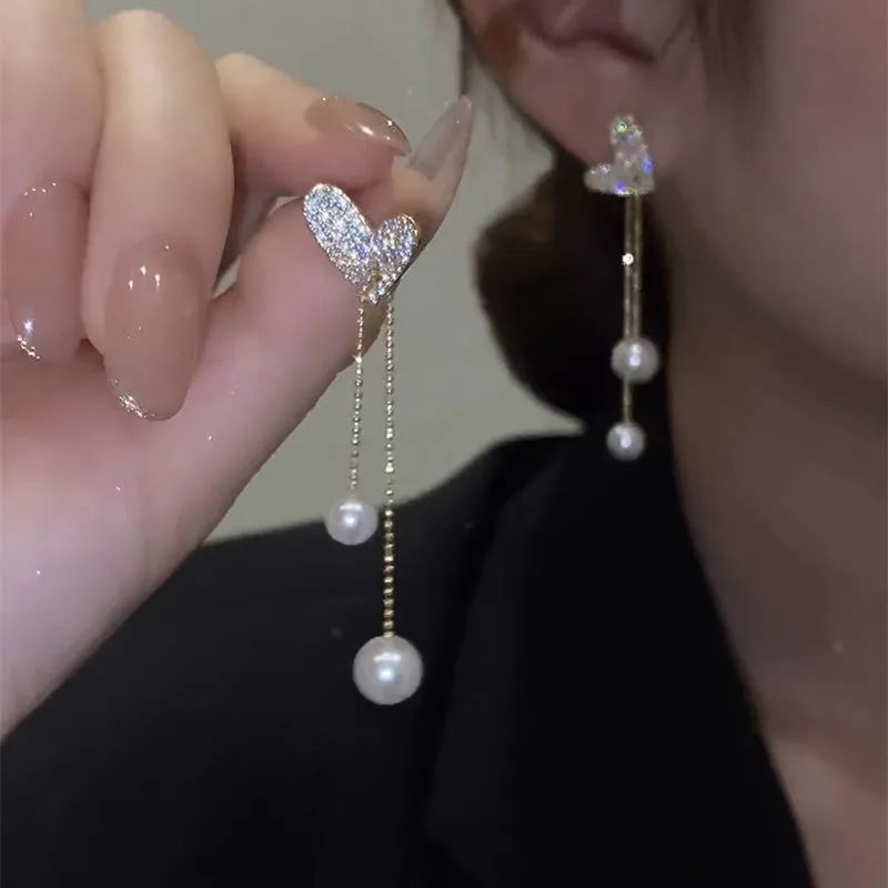 S925銀針同款微鑲鋯石愛心珍珠流蘇耳環女氣質百搭時尚耳飾品
