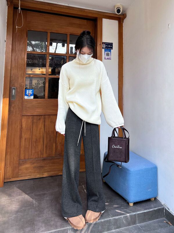 重工醋酸羊绒人字纹直筒裤女2025秋冬新款垂感显瘦休闲毛呢裤子|undefined