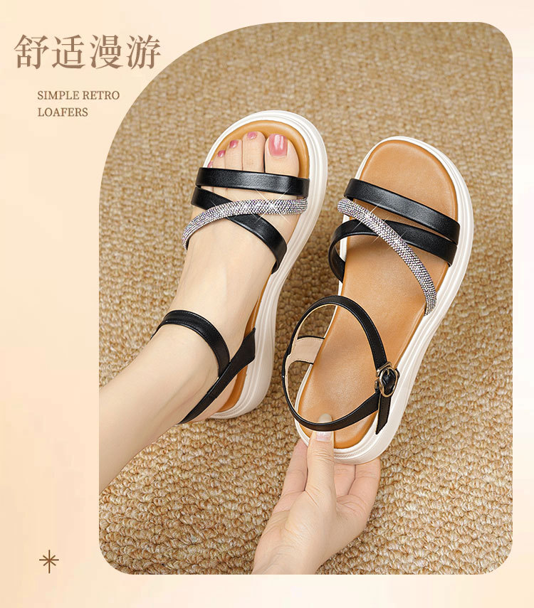 Sandal nữ đế xuồng cao gót đính đá da bò mềm — Trắng kem【Da bò lớp đầu】 chi tiết 11