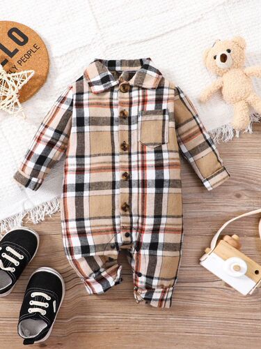 Cross-border INS Newborn Baby Boy Spring/Autumn Lapel Plaid Long-Sleeved Single-Button Korean-Style One-Piece Romper
