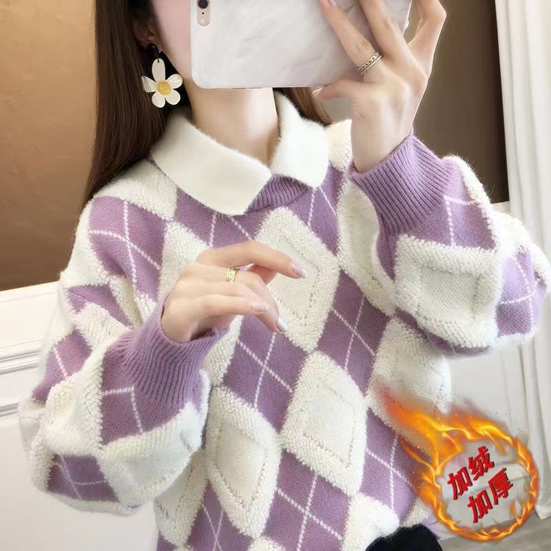 加绒加厚娃娃领假两件毛衣女2025秋冬季新款韩版内搭保暖针织上衣