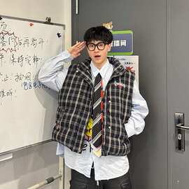 美式格纹无袖马甲棉服宽松秋冬新款男女复古叠穿情侣外套上衣潮