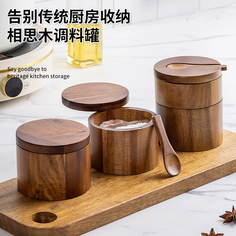 Банка для специй из массива дерева с ложкой, кухонный дизайн, влагонепроницаемая, для хранения MSG, морской соли, перца чили