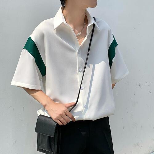 Summer Harbor Wind Japanese Style Splicing Ice Silk Men's Short Sleeve Loose Casual Bad Boy Trendy Five Finger Sleeve Shirt Outerwear