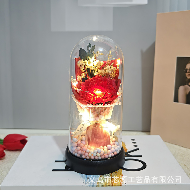 母の日 バレンタインデー ギフト バラ カーネーション チューリップ ソープ ガラス カバー ランプ 完成した花束 不滅の花|undefined