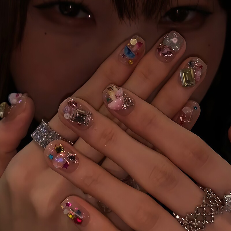 K9 Full Diamond Ins Maximalist Style Handmade Wearable Nails Short Style High-End Summer Nail Art Fake Nail Tips
