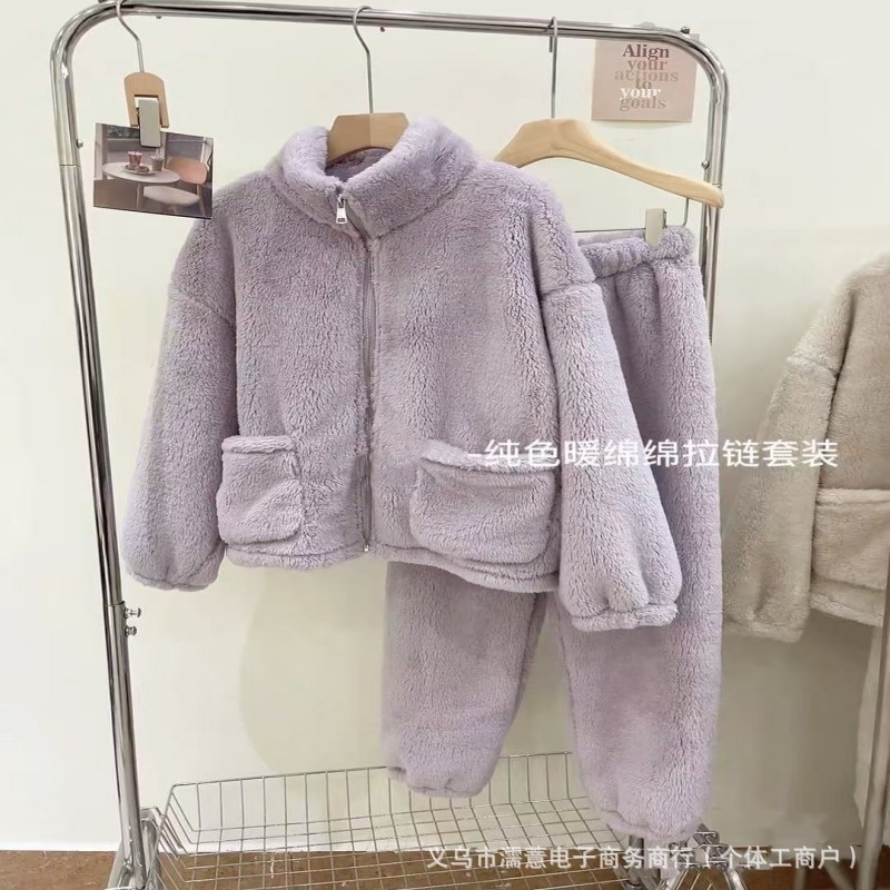 珊瑚绒加绒加厚立领开衫拉链睡衣纯色暖绵绵情侣拉链家居服套装|undefined