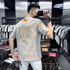 ヨーロッパ駅男性高級破れ穴刺繍半袖tシャツ潮牌通気2025新型夏半袖男