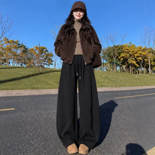 黑色加绒弯刀裤女2026新款秋冬季加厚棉裤大码胖mm显瘦阔腿运动裤