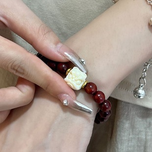 Rosewood Buddha Beads with Lion Awakening Bracelet, Sandalwood Men's and Women's Retro Simple Single Circle Bracelet, Suitable for Playing, Gift Giving and Wearing