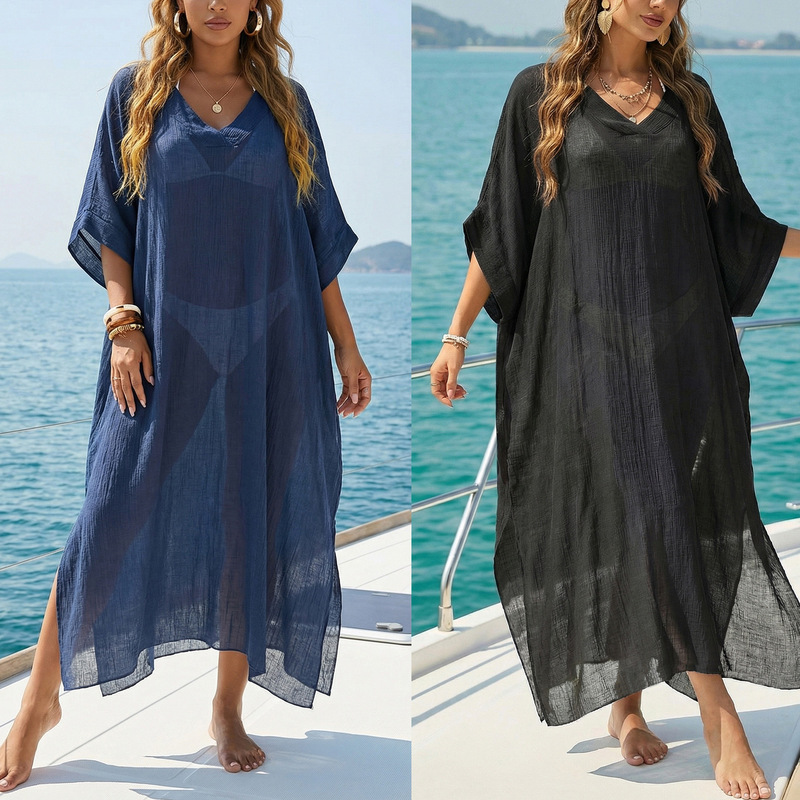 Women's Beach Cover-Up European and American Summer Fashion New V-Neck Loose Casual Dress with Slit and Floor-Length Skirt for Women Women's Beach Cover-Up European and American Summer Fashion New V-Neck Loose Casual Dress with Slit and Floor-Length Skirt for Women