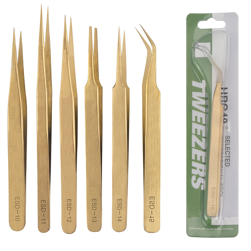 镀金圆边不锈钢镀钛金镊子尖头弯头DIY美甲夹假睫毛开花镊子