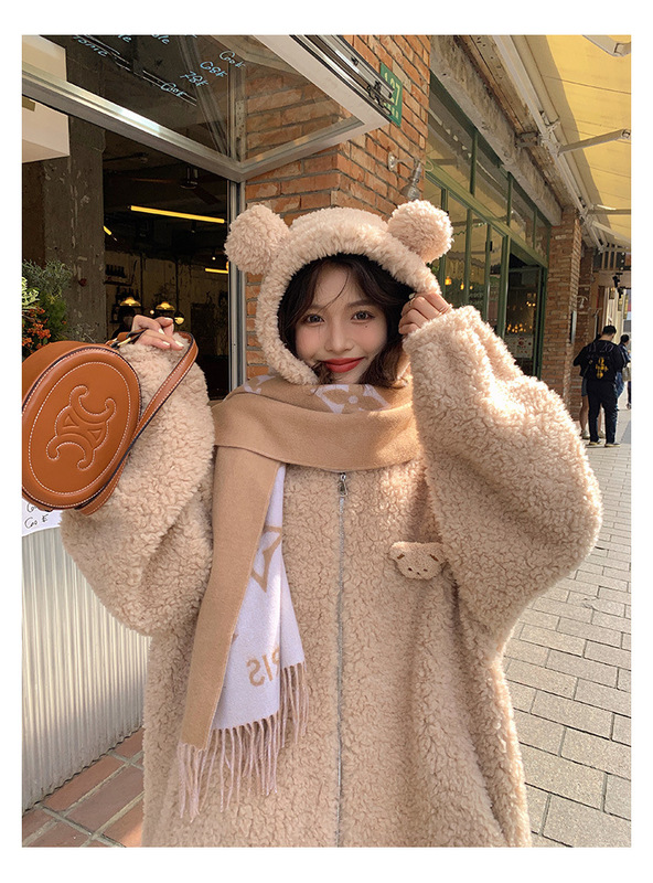 Autumn and Winter Hooded Bear Ear Fleece Jacket for Women, Thickened Lamb Wool Particle Sweatshirt Coat for Women
