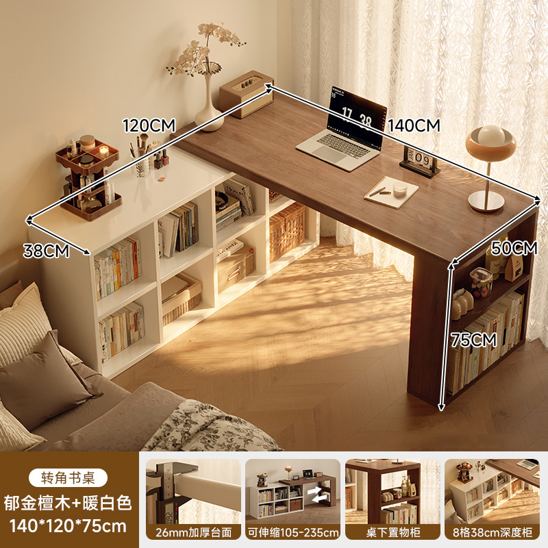 Escritorio de esquina de madera sólida, comedor de dos en uno, escritorio de estudio doméstico para adultos, estante, escritorio de computadora en forma de L medieval