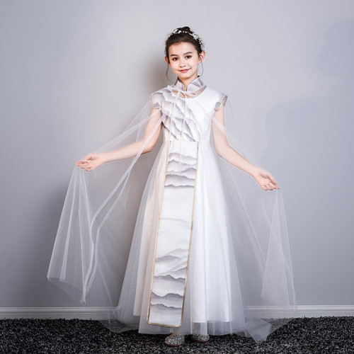 Hanfu fairy dresses qipao model show Chinese girls guzheng performance costumes outfit children model show cheongsam girl chinese folk classical dance dress