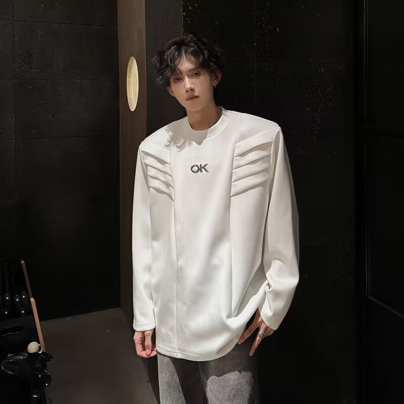 boy Autumn Winter European American High Street Solid Color Design Sense T-shirt Men's Versatile Multi-layer Structure_voghion.com