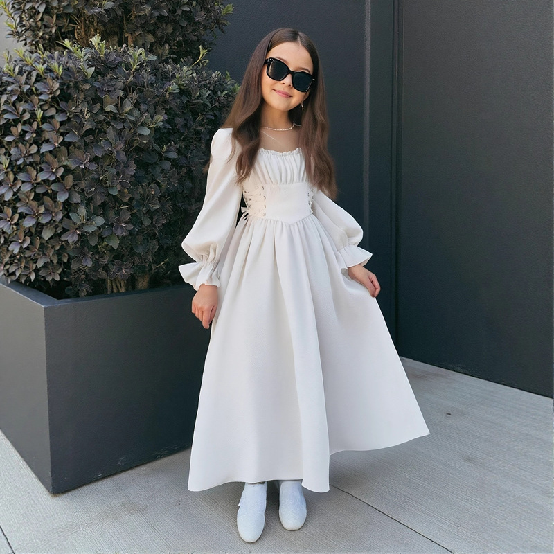 Teenage Girls Vacation Casual Square Neck Flare Sleeve Tie Waist Ruched Bust Vintage Dress for Back to School