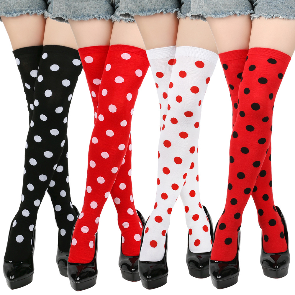 Masquerade Party Decoration Halloween Cosplay Black and Red Polka Dot Seven-Star Ladybug Jacquard Over-The-Knee Stockings