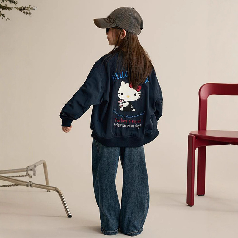 Girls Baseball Jacket Autumn 2025 New Style Children's Kitty Cat Embroidered Jacket Girls Autumn Trendy