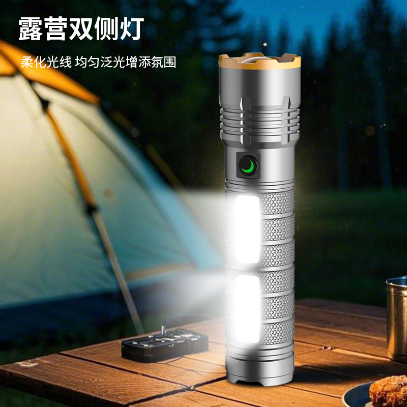 Linterna de luz fuerte, láser blanco, batería larga, linterna de largo alcance, pantalla eléctrica digital, luz lateral COB, cañón láser de alta potencia