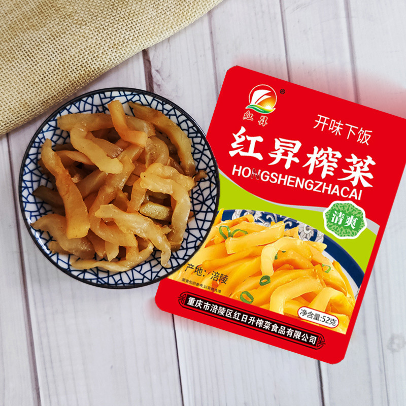 52g bagged Hongsheng Brand Chongqing Fuling mustard greens, side dish mustard greens with steamed buns, mustard green strips without skin, wholesale in full cartons