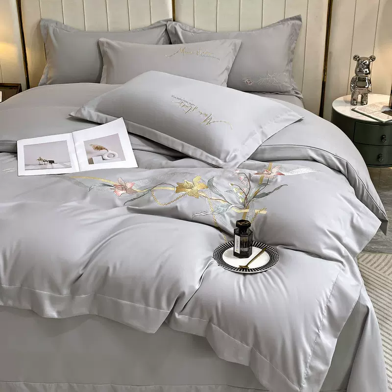 水韵江南宽边纯色绣花长绒棉四件套床单被套床品加工定制刺绣款