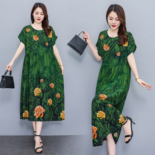 New Style Summer Plus-Size Cotton Silk Dress for Middle-Aged Women, Casual Slim-Fit Floral Long Dress